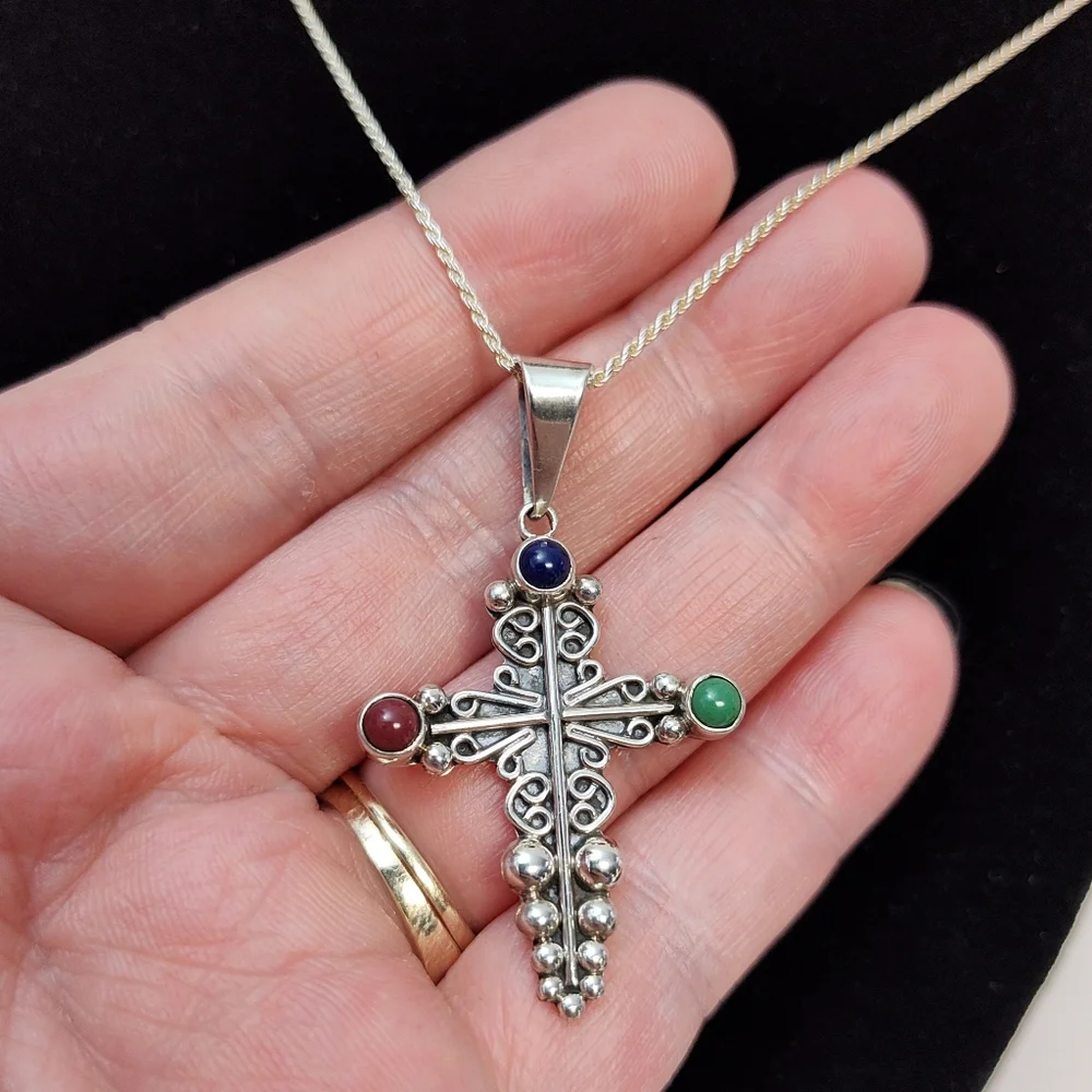 CARSI Taxco Sterling Silver Jasper Pebbled Filigree Motif Cross Pendant Necklace - Picture 3 of 10